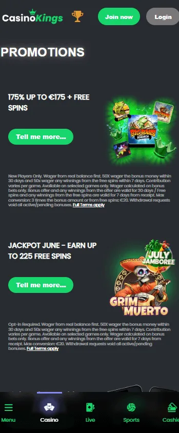 King Casino promotions page on a mobile device