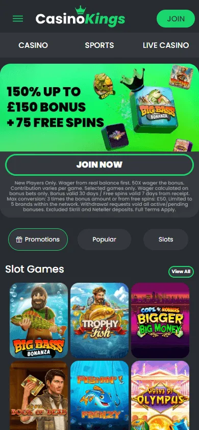 King Casino home page on a mobile device