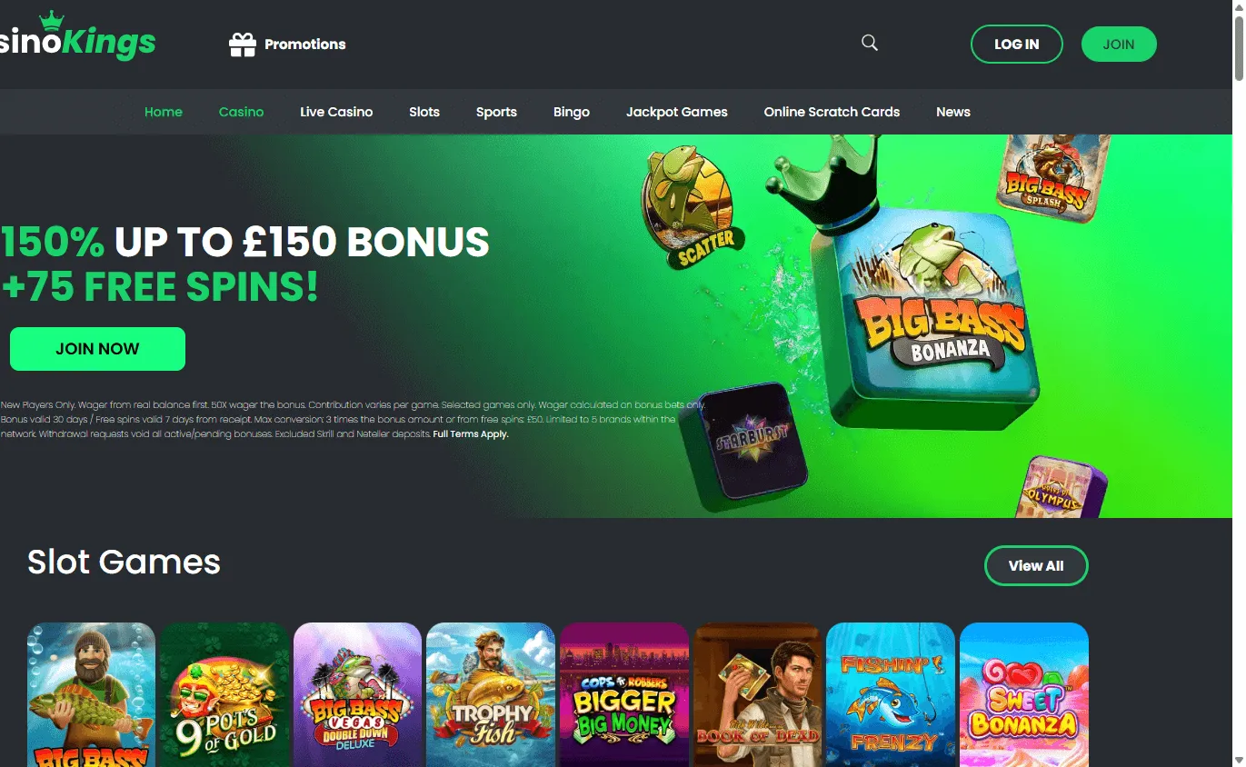 King Casino home page on desktop