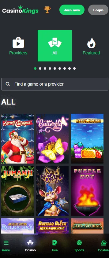 King Casino games page on a mobile device