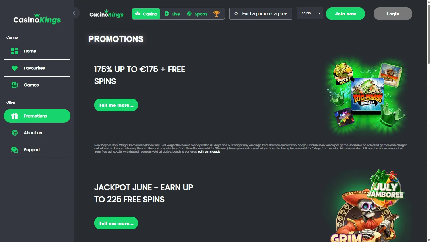 King Casino promotions page on desktop